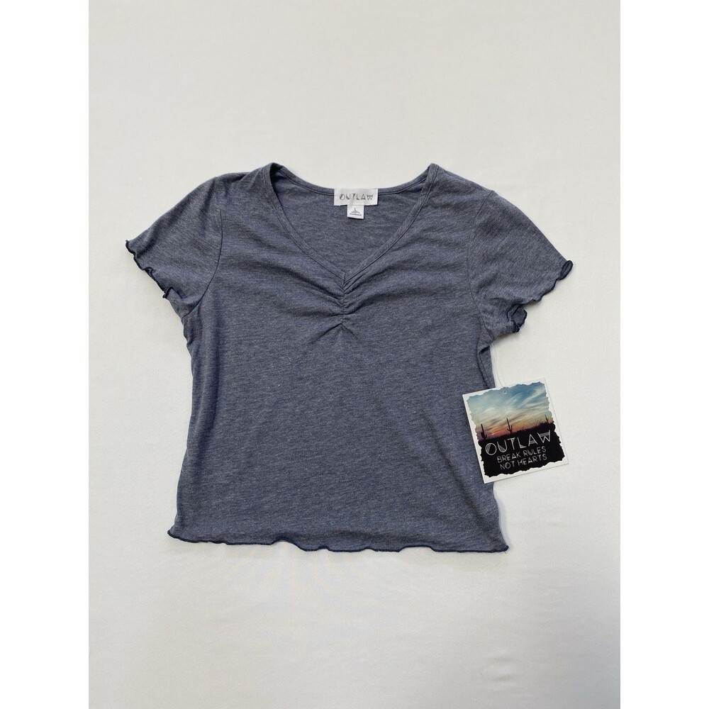 Outlaw Large Blue Heather Ruched V-Neck Lettuce Trim Crop Top NWT